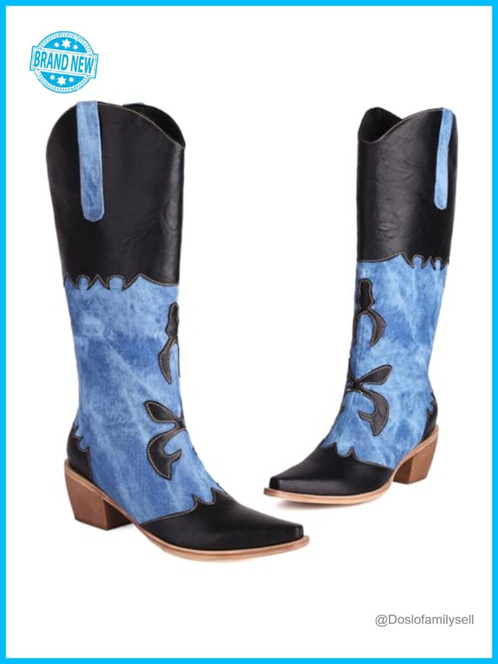 Women Denim Cowboy Boots Knee High Patchwork Chunky Heel Pull On Pointed Toe